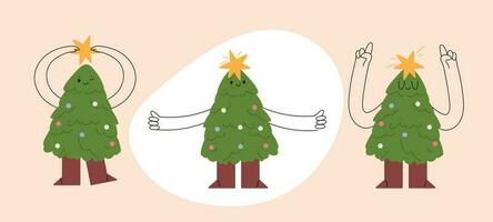 Happy Xmas Tree Cartoon set. Fun character with a cute smile, boots, and hands, brightened by Christmas lights. A joyful way to welcome the New Year. Flat illustrations isolated on white background. vector