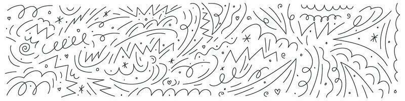 Squiggly lines in pencil, doodles, scribbles, brush squiggles, chalk patterns. Crayon curlicues, swirls in strokes, abstract designs. Flat vector illustrations isolated on white background