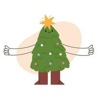 Happy Xmas Tree Cartoon set. Fun character with a cute smile, boots, and hands, brightened by Christmas lights. A joyful way to welcome the New Year. Flat illustrations isolated on white background. vector