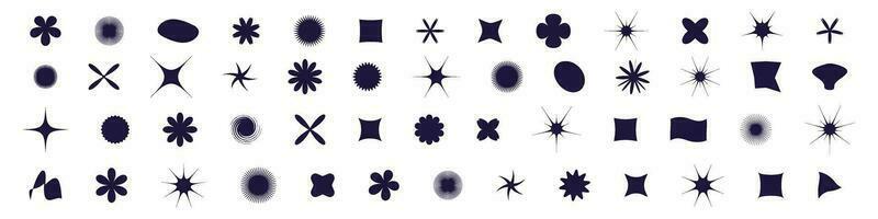 Retro Y2K abstract geometric shapes, star and flower figures. Funky design icons enhancing visual backgrounds. Flat vector illustrations isolated on white background.