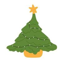 Hand-Drawn Christmas Tree Icon. Festive Xmas Spruce. Green Fir Cartoon with Decorated Ornaments. Flat Illustrations Isolated on White Background. vector