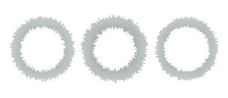 Audio waves for music sounds, equalizer graphics, round circle logos, radio voice spectrum, beat symbols, soundwave in circular form. Flat vector illustrations isolated on white background