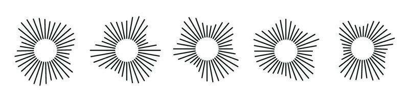 Circular shapes of sound waves, for audio music, round icons of voice, logos, equalizers, radials in spectrum, patterns in rings. Flat vector illustrations isolated on white background.