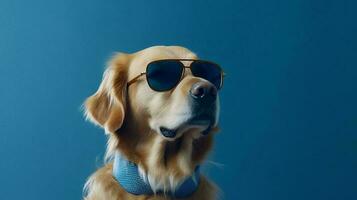 Photo of haughty golden retriever dog using sunglasses  and office suit on white background