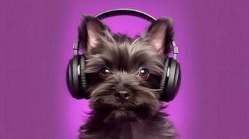 Photo of Affenpinscher using headphone  on purple background. Generative AI