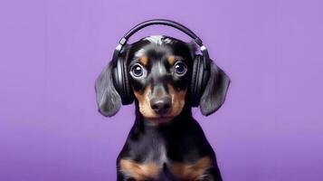 Photo of dachshund using headphone  on purple background. Generative AI