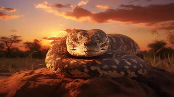 Photo of African Python on savanna at sunset.