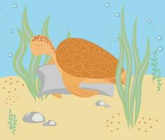 Vector illustration of a sea turtle sleeping on the ocean floor EPS10