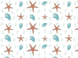 Seamless pattern ocean animals seaweed starfish on white background Vector graphics banner template.EPS10