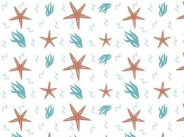 Seamless pattern ocean animals seaweed starfish on white background Vector graphics banner template.EPS10