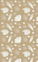 Seamless pattern ocean animals white seashell seaweed on a beige background. Vector graphics banner template.EPS10