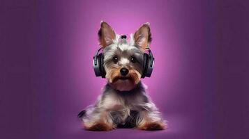 Photo of yorkshire terrier using headphone  on purple background