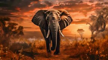 Photo of Elephant on savanna at sunset. Generative AI