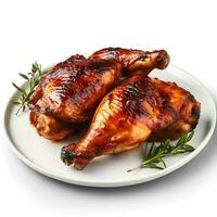 Photo of BBQ Chicken on plate isolated on white background. Created by Generative AI