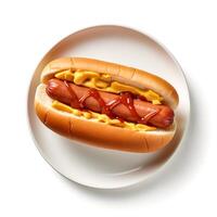 Photo of hot dog on plate isolated on white background. Created by