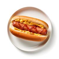 Photo of hot dog on plate isolated on white background. Created by Generative AI