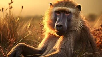 Photo of Baboon on savanna at sunset. Generative AI