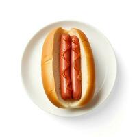Photo of hot dog on plate isolated on white background. Created by Generative AI