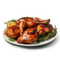 Photo of BBQ Chicken on plate isolated on white background. Created by Generative AI