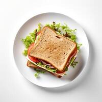 Food photography of sandwich on plate isolated on white background. Generative AI photo