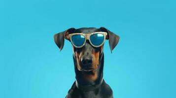 Photo of haughty doberman using sunglasses  and office suit on white background