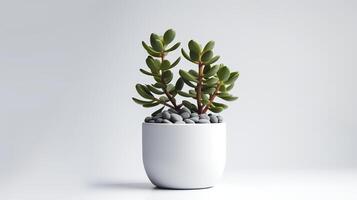Photo of Lithop in minimalist pot as houseplant for home decoration isolated on white background.