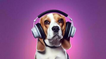 Photo of Beagle using headphone  on purple background