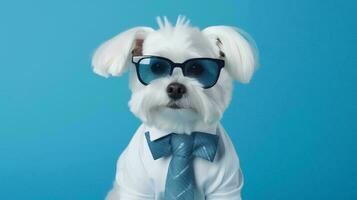 Photo of haughty Maltese dog using glasses  and office suit on white background. Generative AI