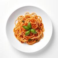 Food photography of Spaghetti on plate isolated on white background. Generative AI photo