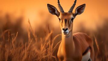 Photo of Impala on savanna at sunset. Generative AI