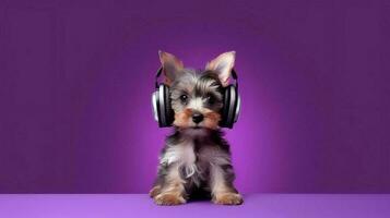Photo of yorkshire terrier using headphone  on purple background