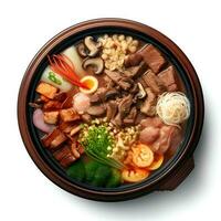 Food photography of Sukiyaki on black bowl isolated on white background. Generative AI photo