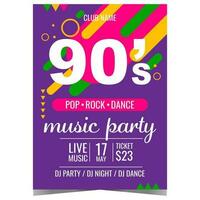 Music party artists of the 90's vector design template. Nineties music party invitation, promo poster or banner with 90's colourful graphic elements for concert or disco dance event in the night club.