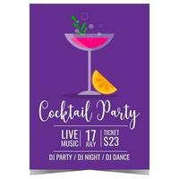 Cocktail party vector illustration with a glass of alcoholic drink and a slice of or lemon on blue background. Cocktail party invitation poster, banner, leaflet or flyer for entertainment event.