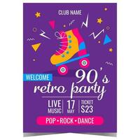 Retro music party poster in 90's style with vintage disco roller skates and colourful abstract graphic elements on the blue background. Invitation for disco dance event in the night club. vector