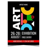 Art exhibition design template with colourful abstract geometric shapes on the background. Banner, poster, leaflet or flyer for culture event, painting and photos exposition by famous artists. vector