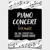 Vector illustration for live piano music concert with white musical notes on the black background. Promo poster or banner, invitation leaflet or flyer for classical piano music concert or festival.