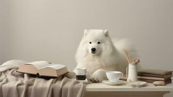 un Samoyedo perro en un suéter se sienta estudiando acompañado por un taza y pila de algo de libros. generativo ai foto