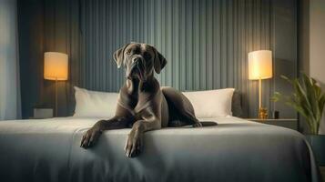 cane corso dog lying on bed in hotel with contemporary interior design. Generative AI photo