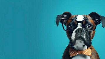 Boxer perro utilizando lentes en azul antecedentes. generativo ai foto