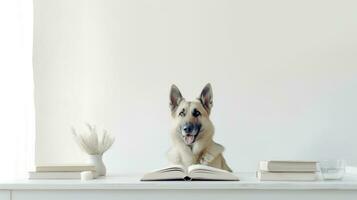 un alemán pastor perro en un suéter se sienta estudiando acompañado por un taza y pila de algo de libros. generativo ai foto