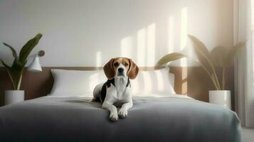 beagle dog lying on bed in hotel with contemporary interior design. Generative AI photo