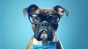 Boxer perro utilizando lentes en azul antecedentes. generativo ai foto