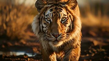 Photo of tiger on savanna at sunset. Generative AI