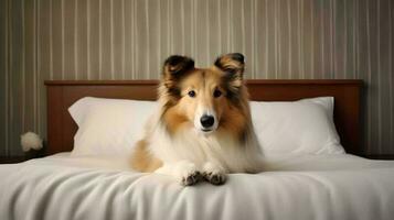 Rough collie dog lying on bed in hotel with contemporary interior design. Generative AI photo