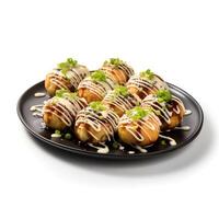 Food photography of takoyaki on plate isolated on white background. photo