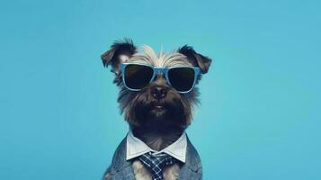 Photo of haughty Affenpinscher dog using glasses  and office suit on blue background