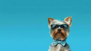 Photo of haughty yorkshire terrier using sunglasses  and office suit on white background