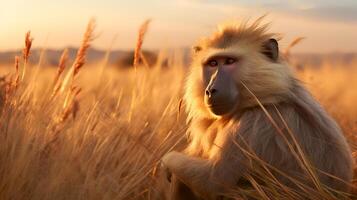 foto de babuino en sabana a puesta de sol. generativo ai