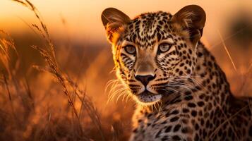 Photo of Leopard on savanna at sunset.